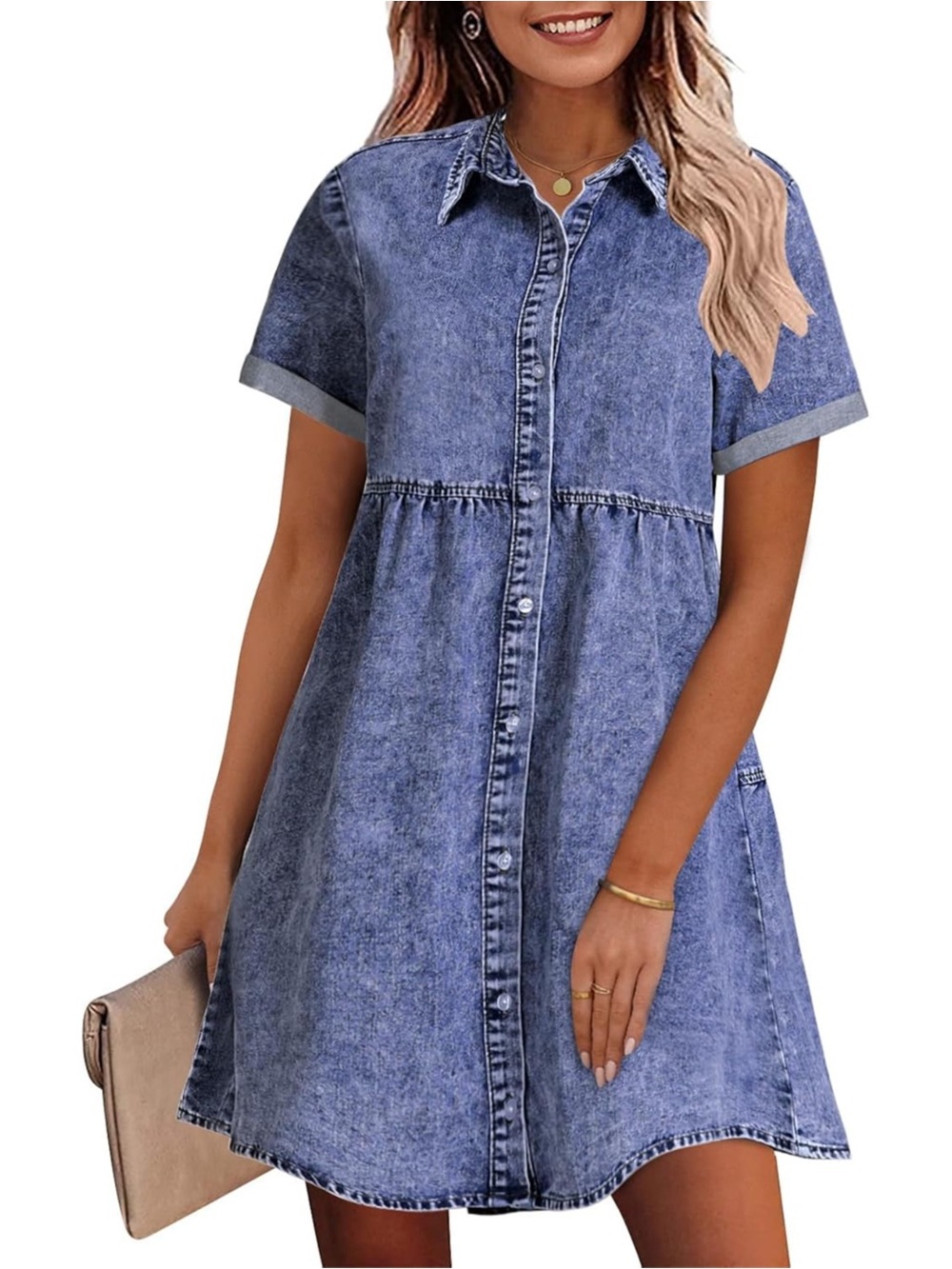 Button-Front Short Sleeve Denim Babydoll Dress - Blue